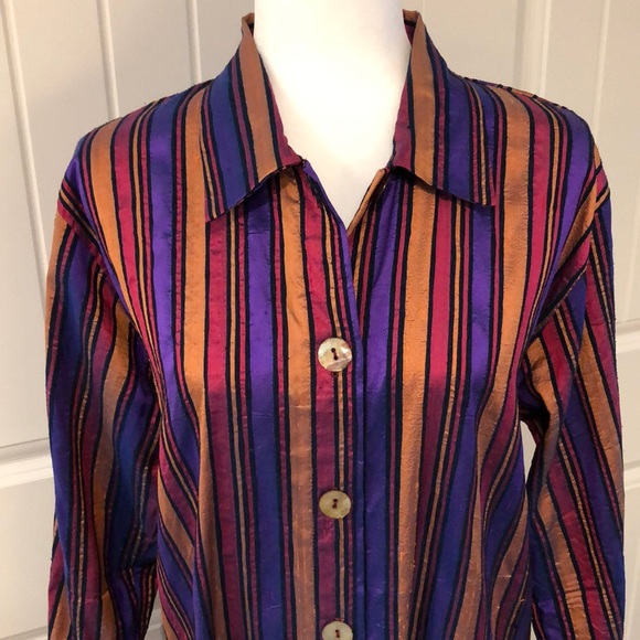 VTG LisBETH Olso Silk Dupioni Striped Shell Button Front Blouse - Picture 5 of 9